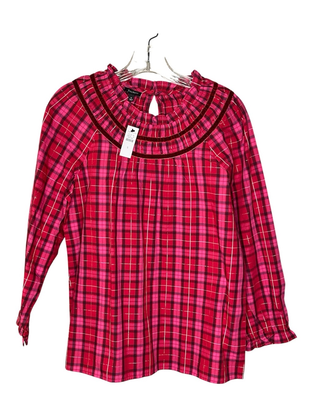 Talbots VELVET TRIM RUFFLE POPOVER - MOONLIGHT PLAID Sz S